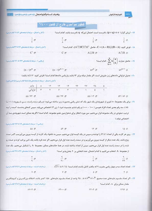 فهرست کتاب آبی ریاضیات گسسته و آمار و احتمال جامع کنکور رشته ریاضی قلم چی